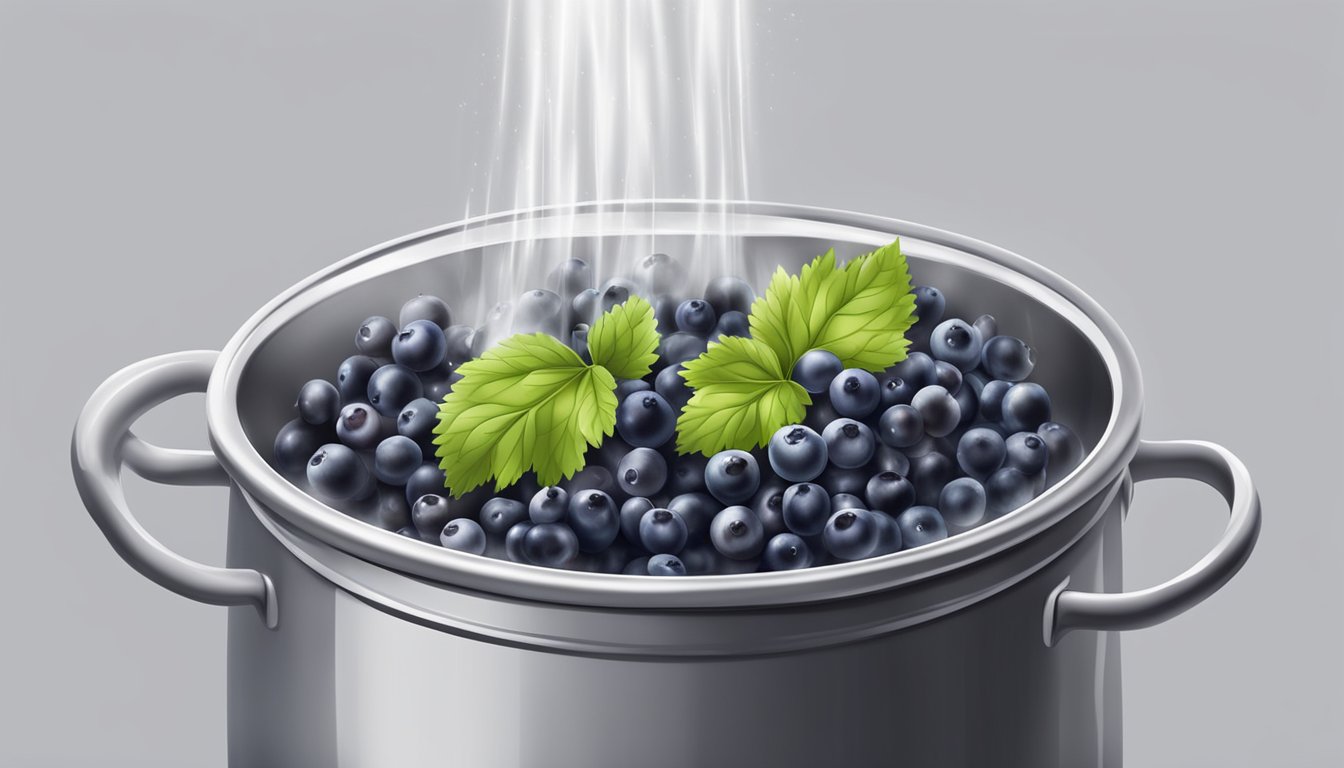 A pot of boiling water with fresh currants being dropped in