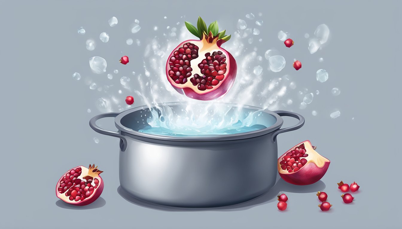 A pot of boiling water with fresh pomegranate seeds being dropped in