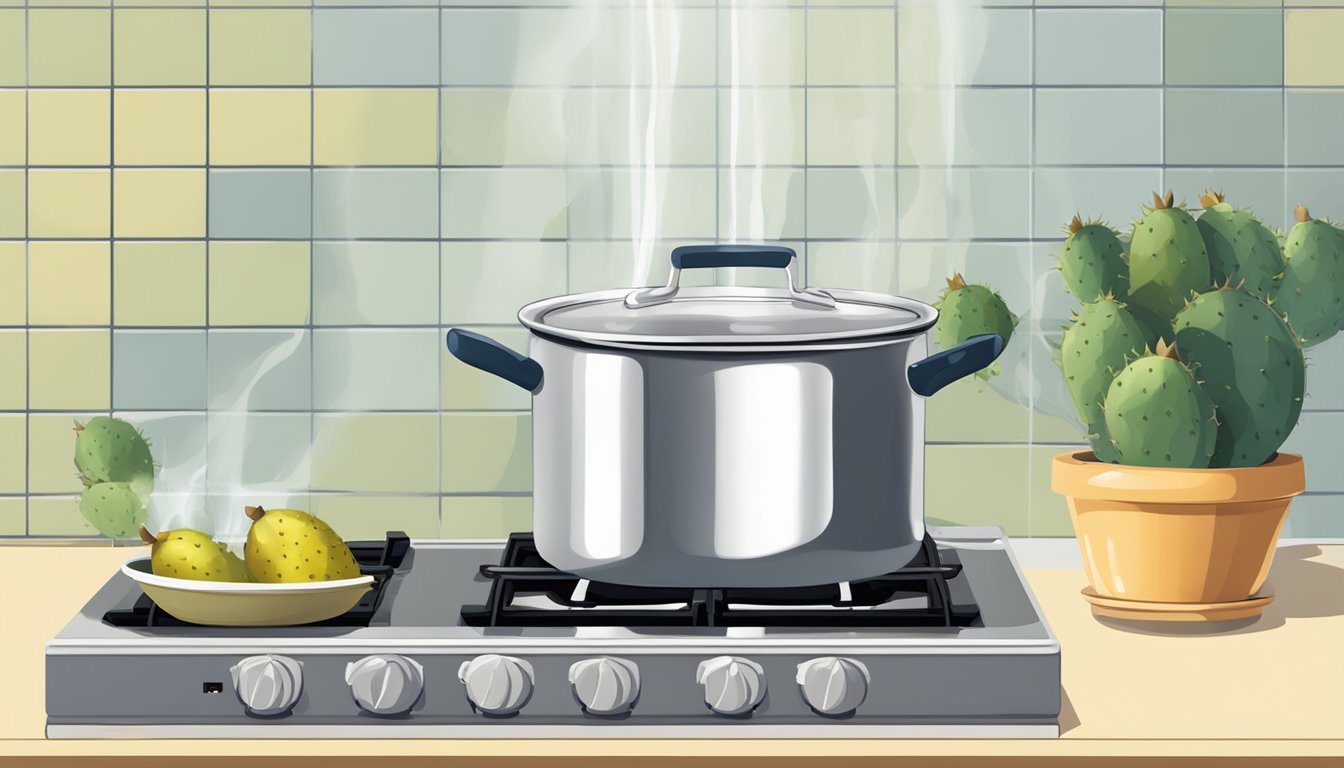 A pot of water boiling on a stove, with fresh prickly pears nearby