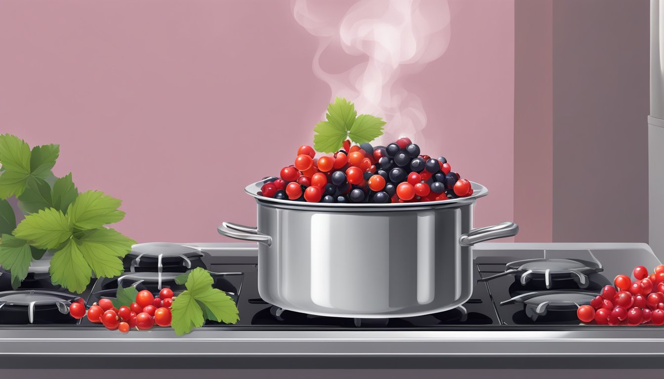 Fresh currants boiling in a pot on a stove. Steam rises as the berries soften and release their vibrant color