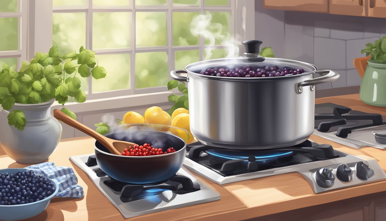 Fresh currants simmering in a pot of boiling water on a stovetop. A timer sits nearby, measuring the cooking time. A wooden spoon stirs the berries as steam rises from the pot