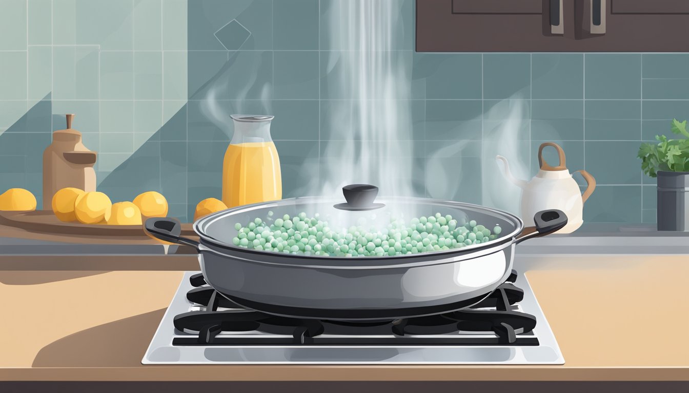 A pot of water boiling on a stove, with fresh currants sitting on the counter next to it