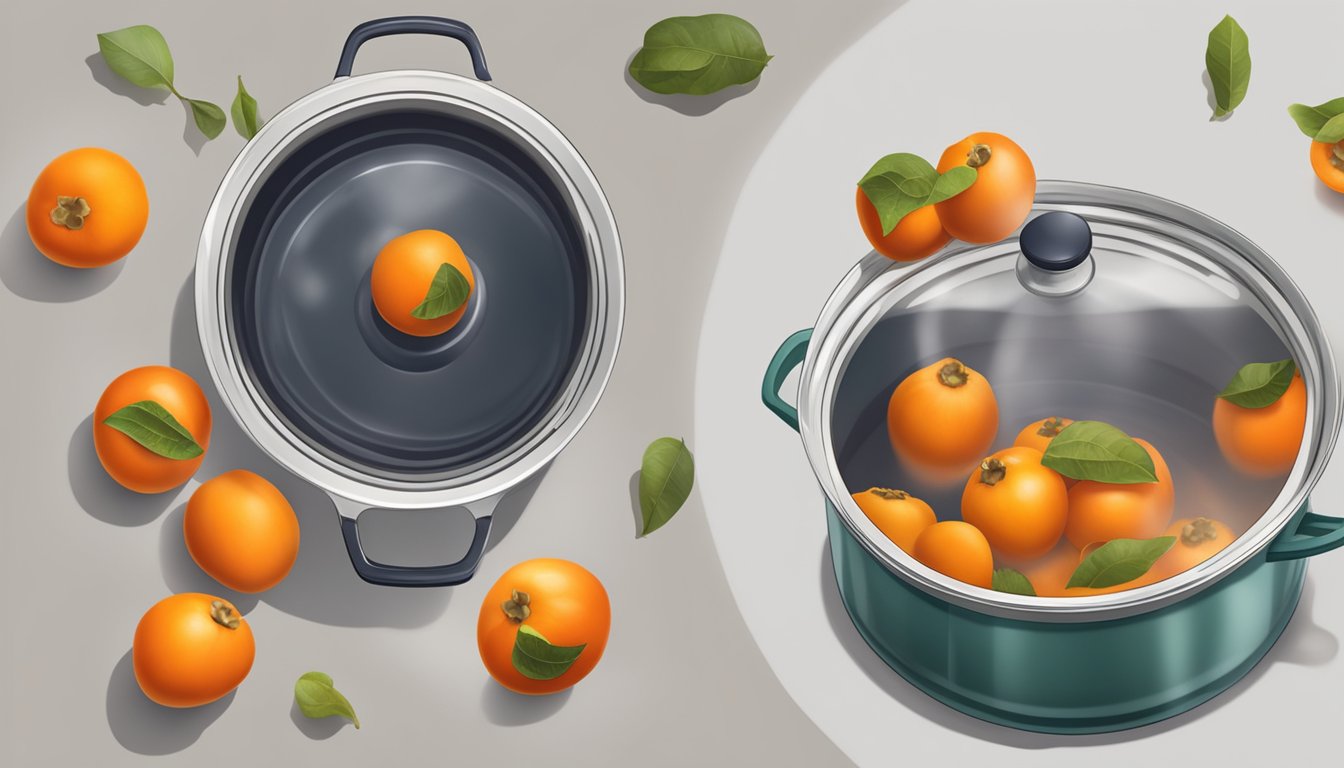 A pot of boiling water with fresh persimmons floating inside