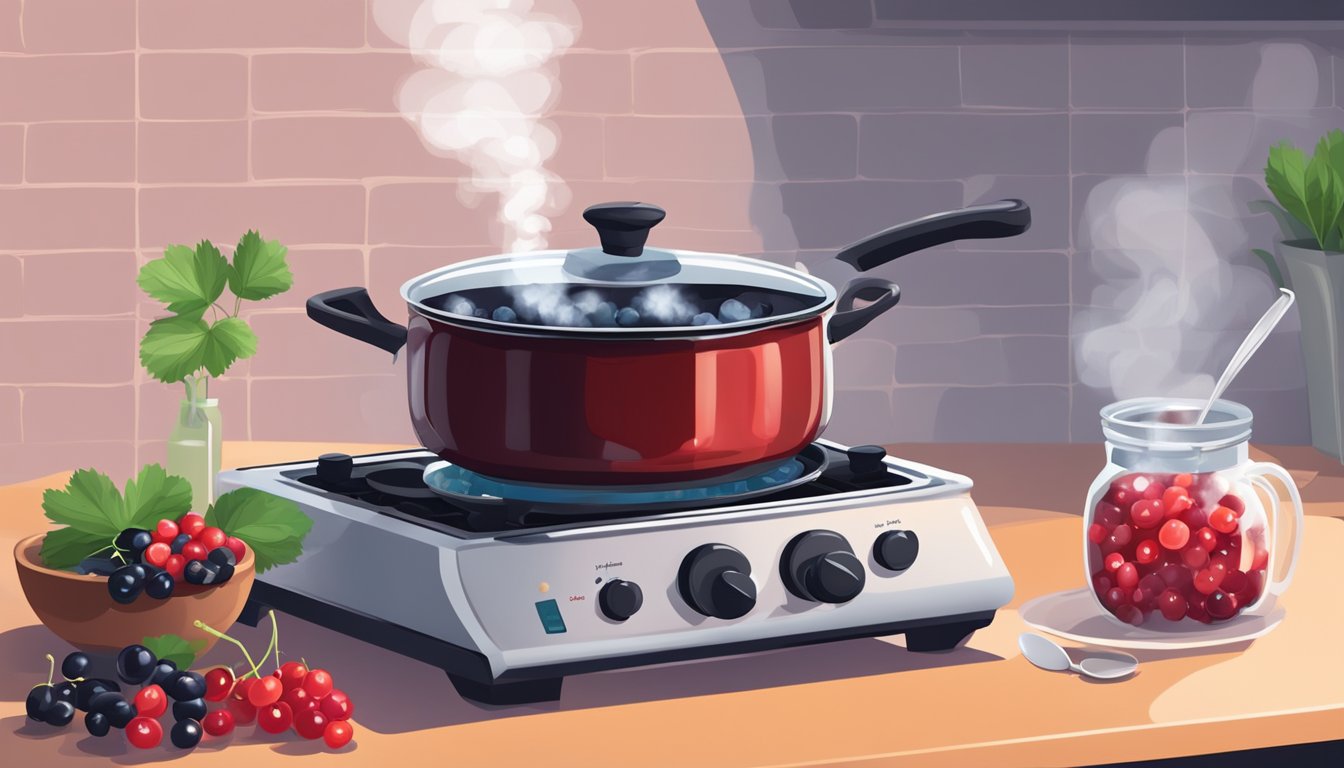 Fresh currants boiling in a pot on a stovetop, steam rising, with a timer set nearby. A bowl of sugar and a spoon sit on the counter for pairing