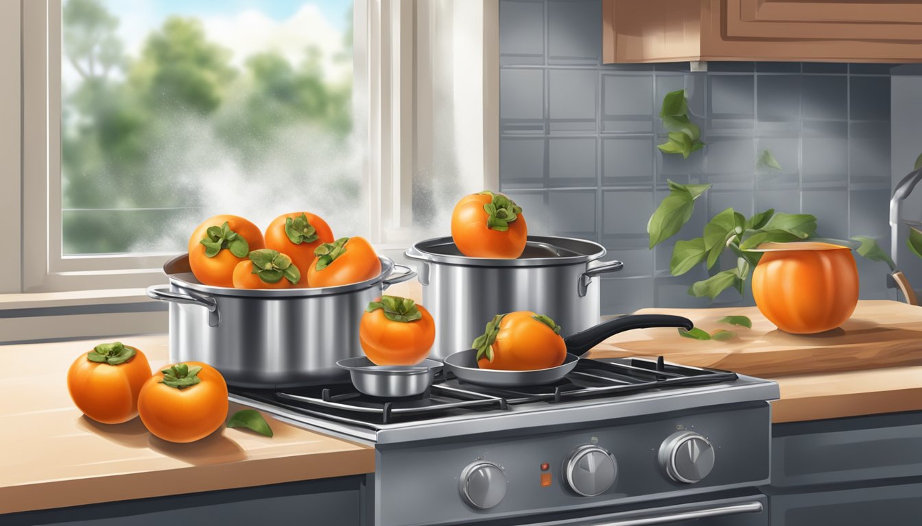 Fresh persimmons being washed and sliced, pot of water on stove, steam rising, timer set