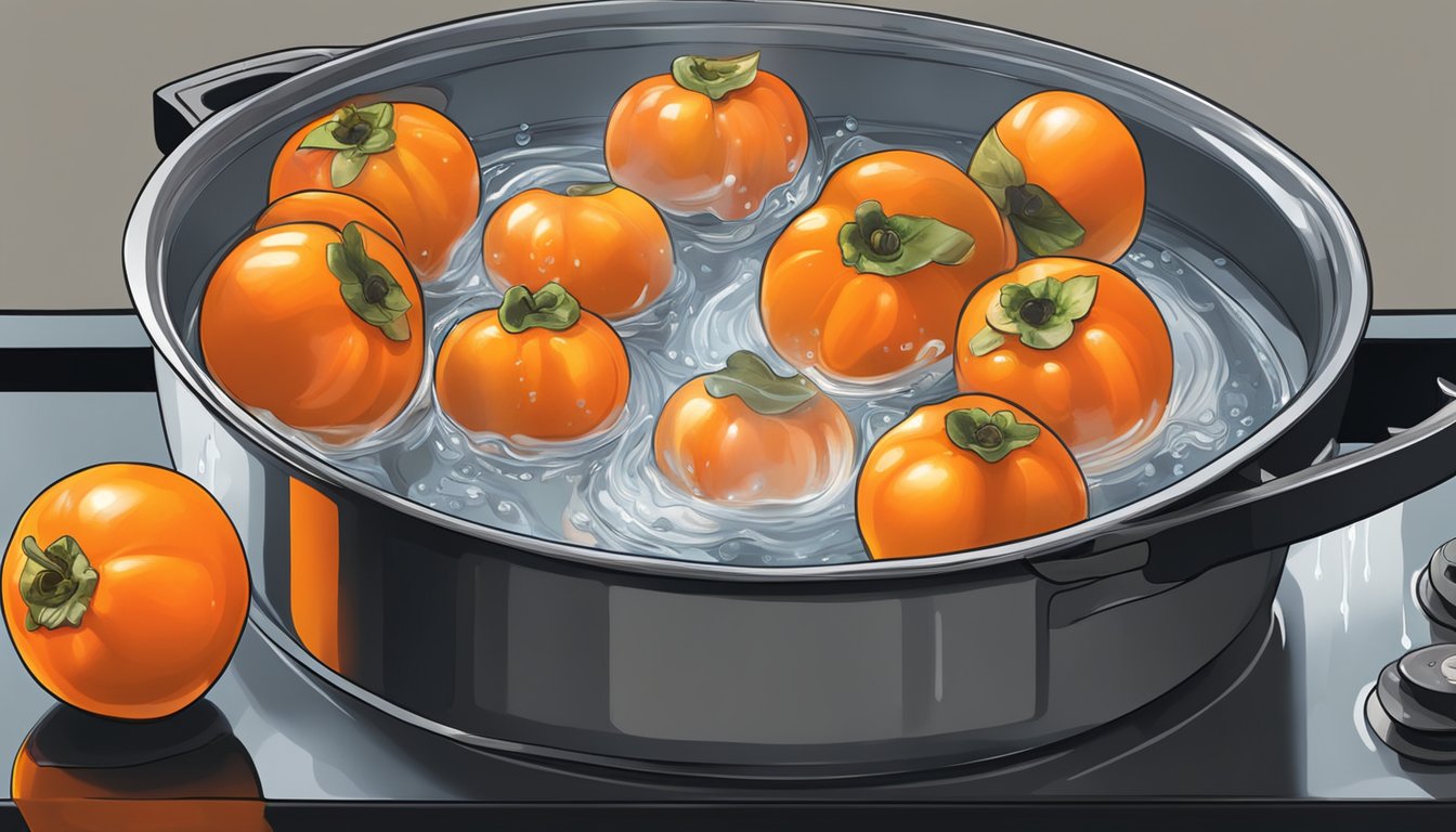 Fresh persimmons boiling in a large pot of water on a stove. The water is bubbling and the vibrant orange fruit is softening and becoming more translucent