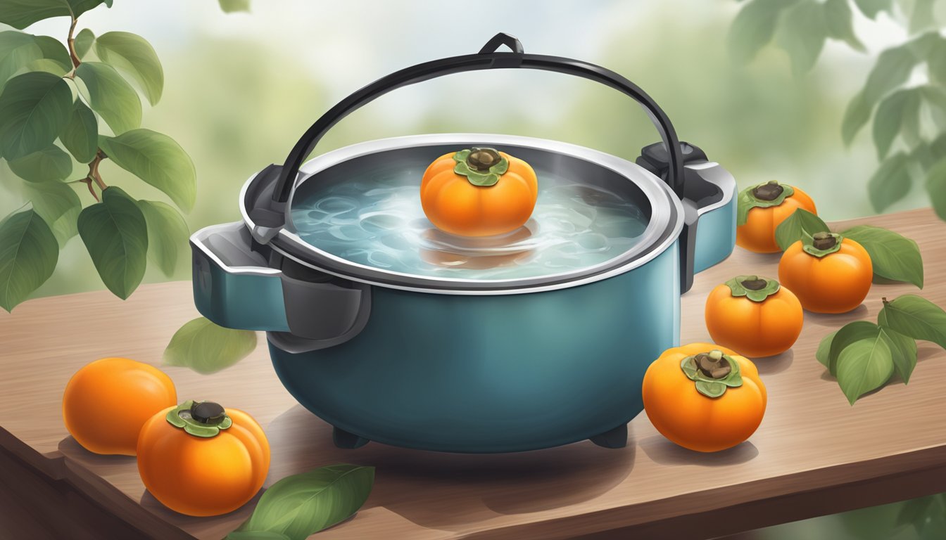 A pot of boiling water with fresh persimmons floating inside