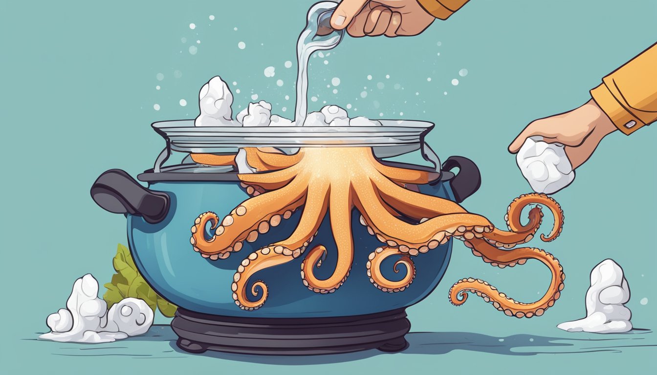 A pot of boiling water with a fresh octopus being lowered in