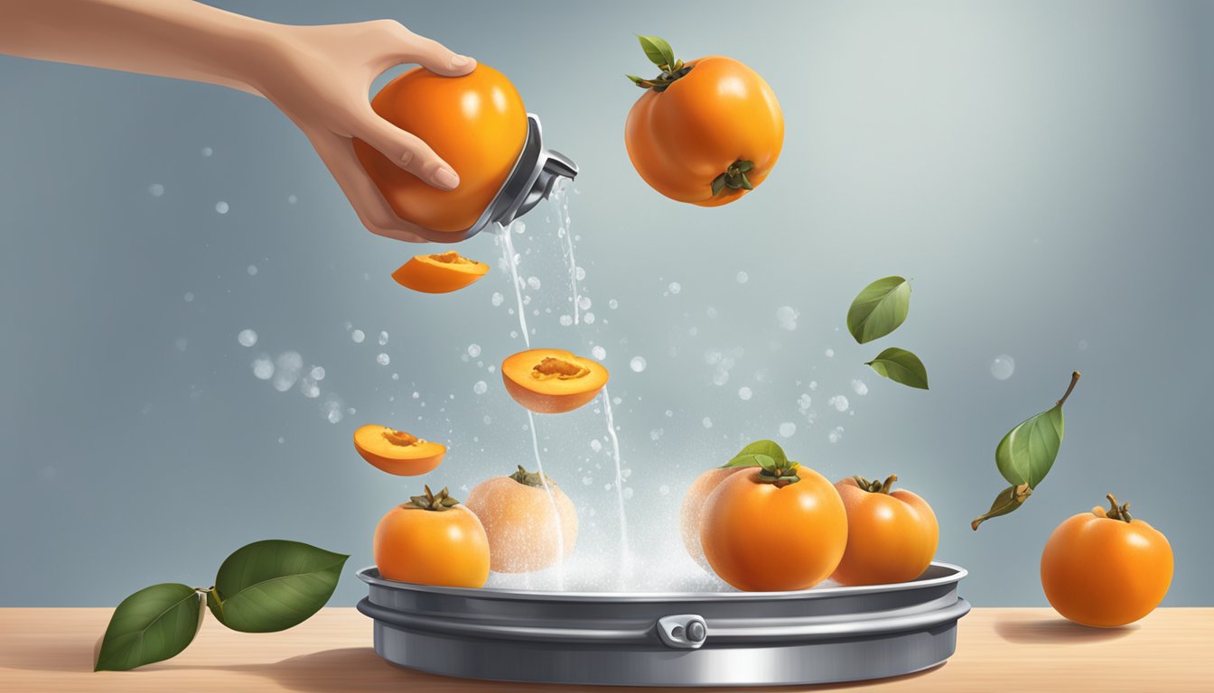 A pot of boiling water with fresh persimmons being dropped in