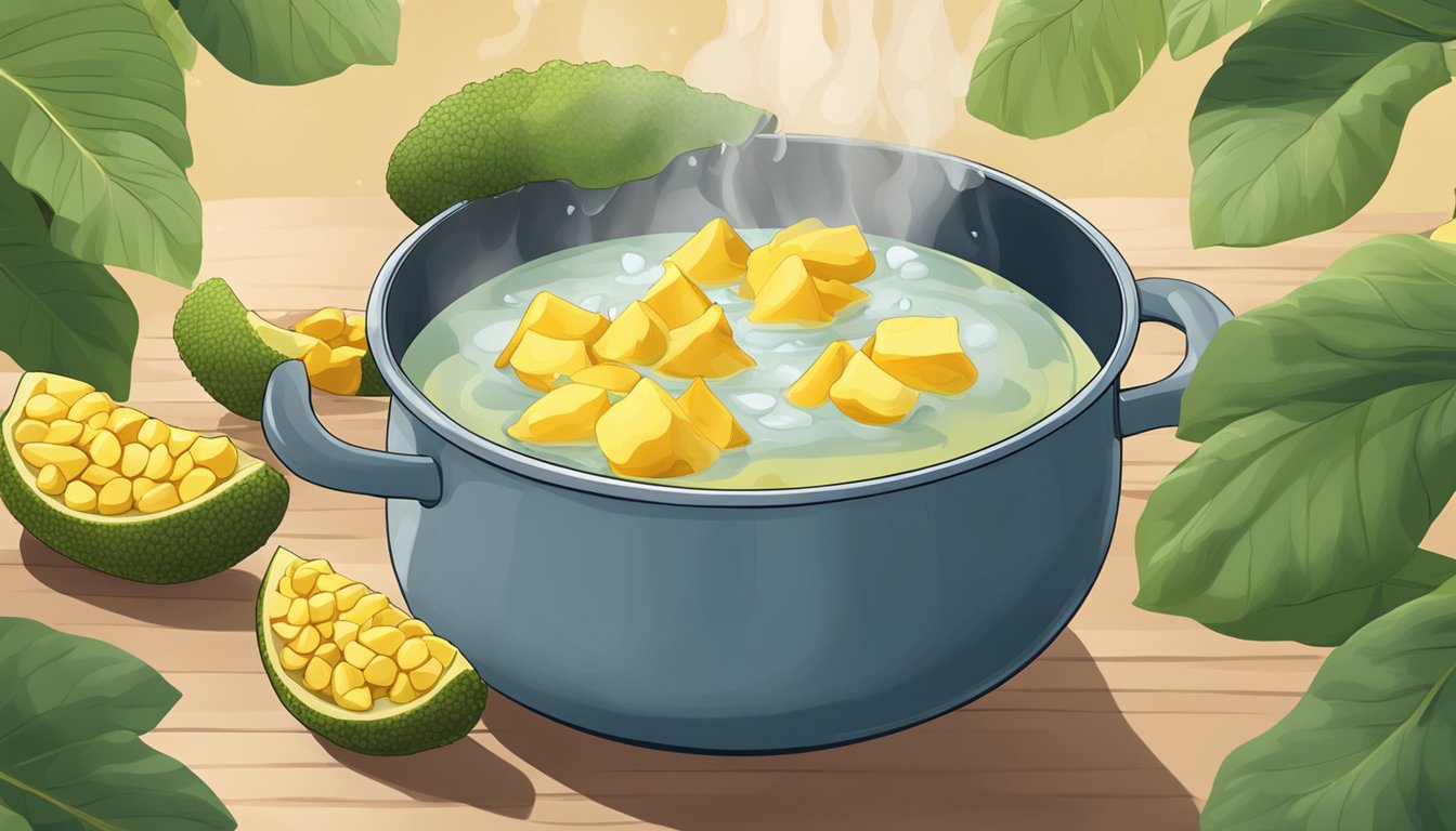 A pot of boiling water with chunks of fresh jackfruit being submerged for cooking