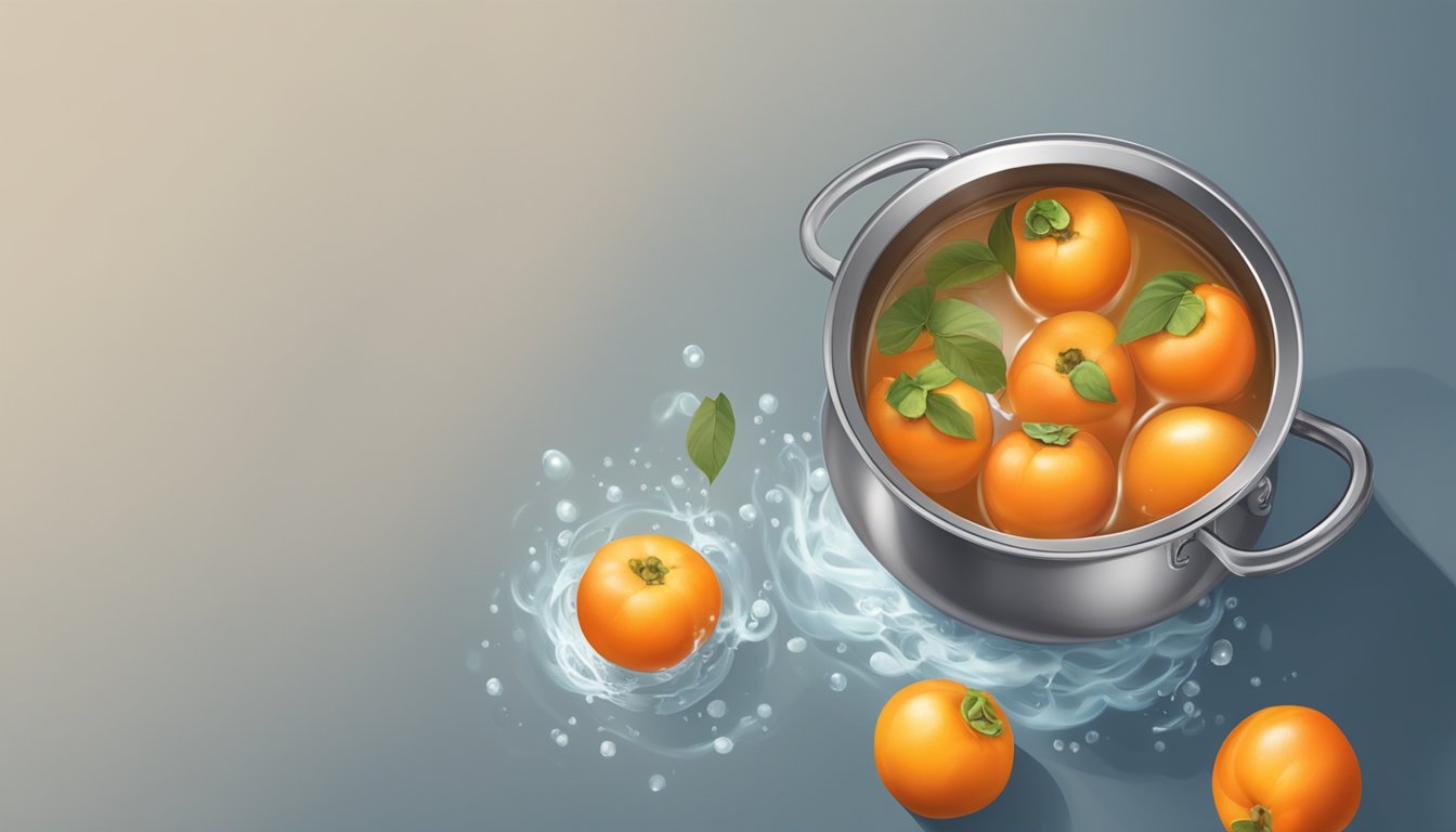 A pot of boiling water with fresh persimmons floating inside