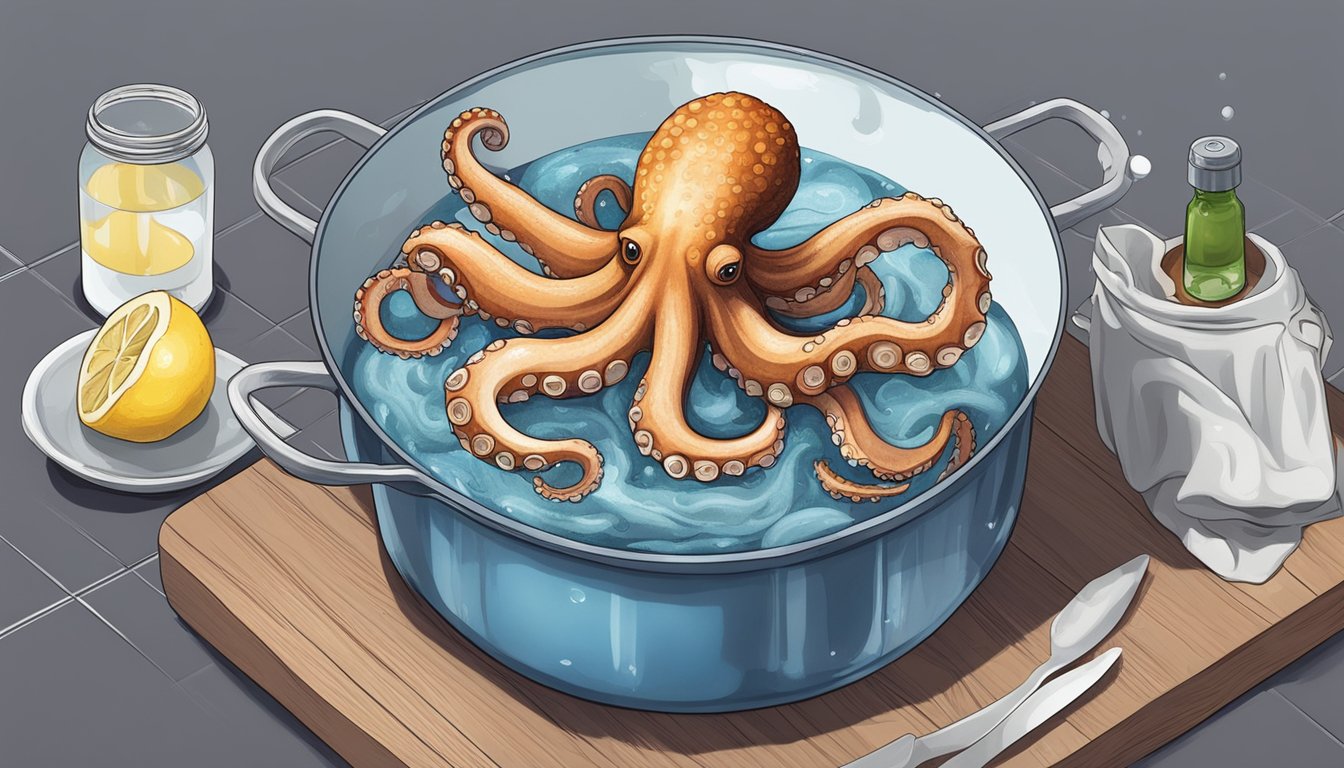 Fresh octopus being rinsed in cold water, then placed in a large pot filled with boiling water. Timer set for 30 minutes