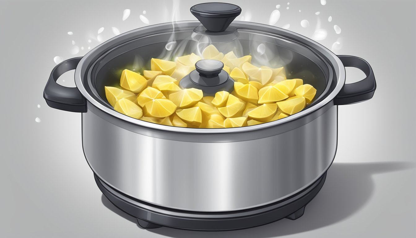 A pot of boiling water with fresh jackfruit chunks inside, steam rising, timer set for optimal texture