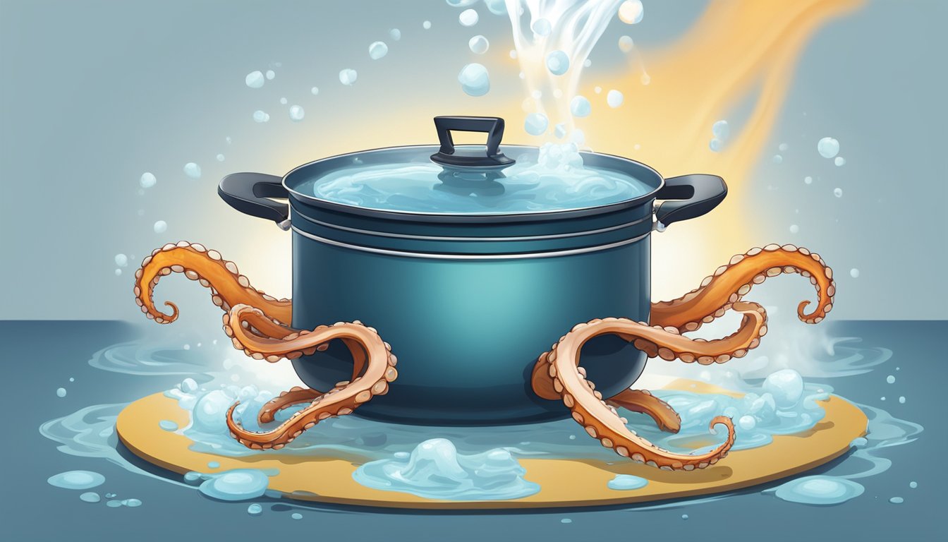 A pot of water boiling on the stove, with a fresh octopus being lowered into the water by a pair of tongs