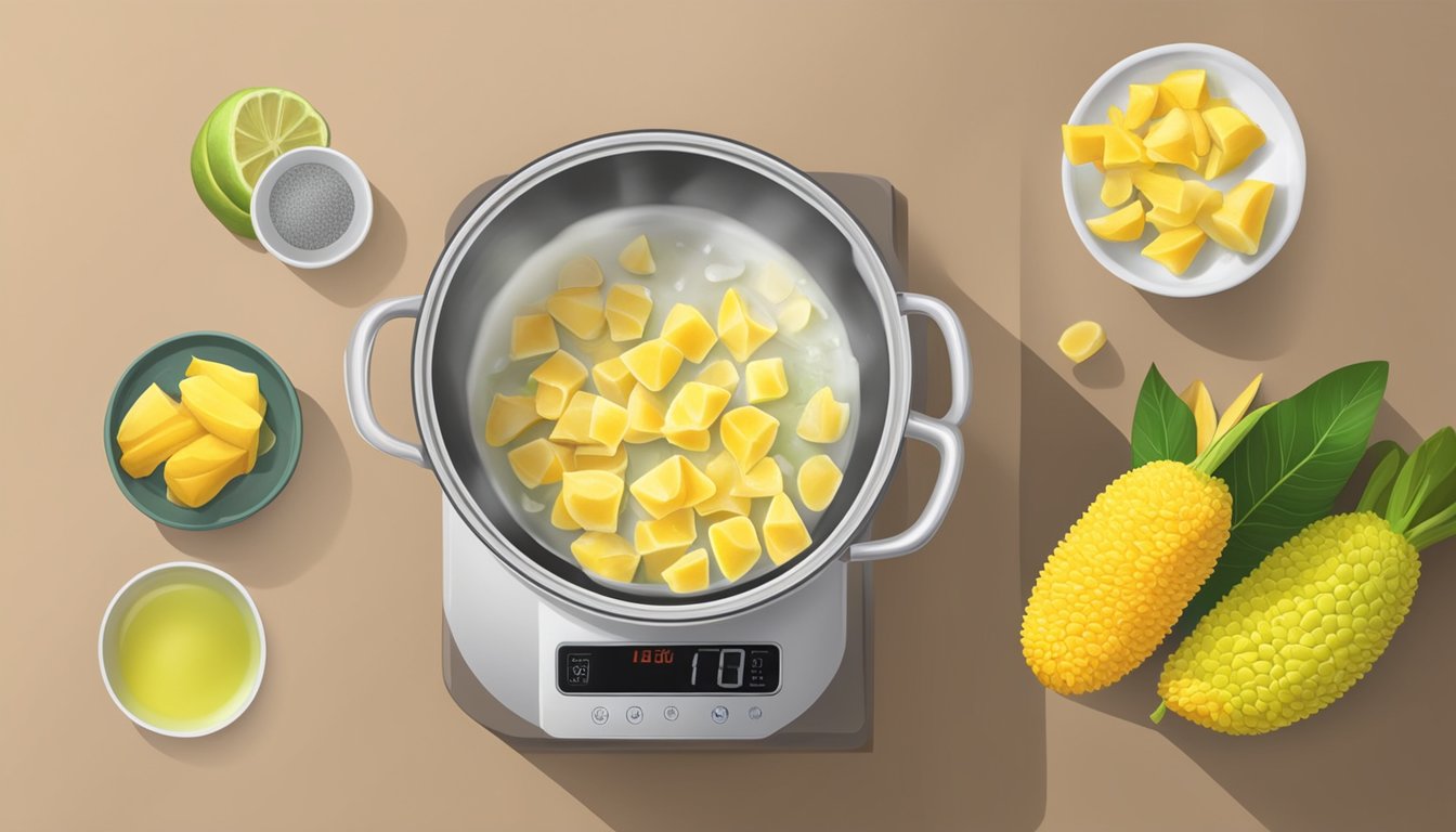 A pot of boiling water with fresh jackfruit pieces being added, timer set for optimal texture