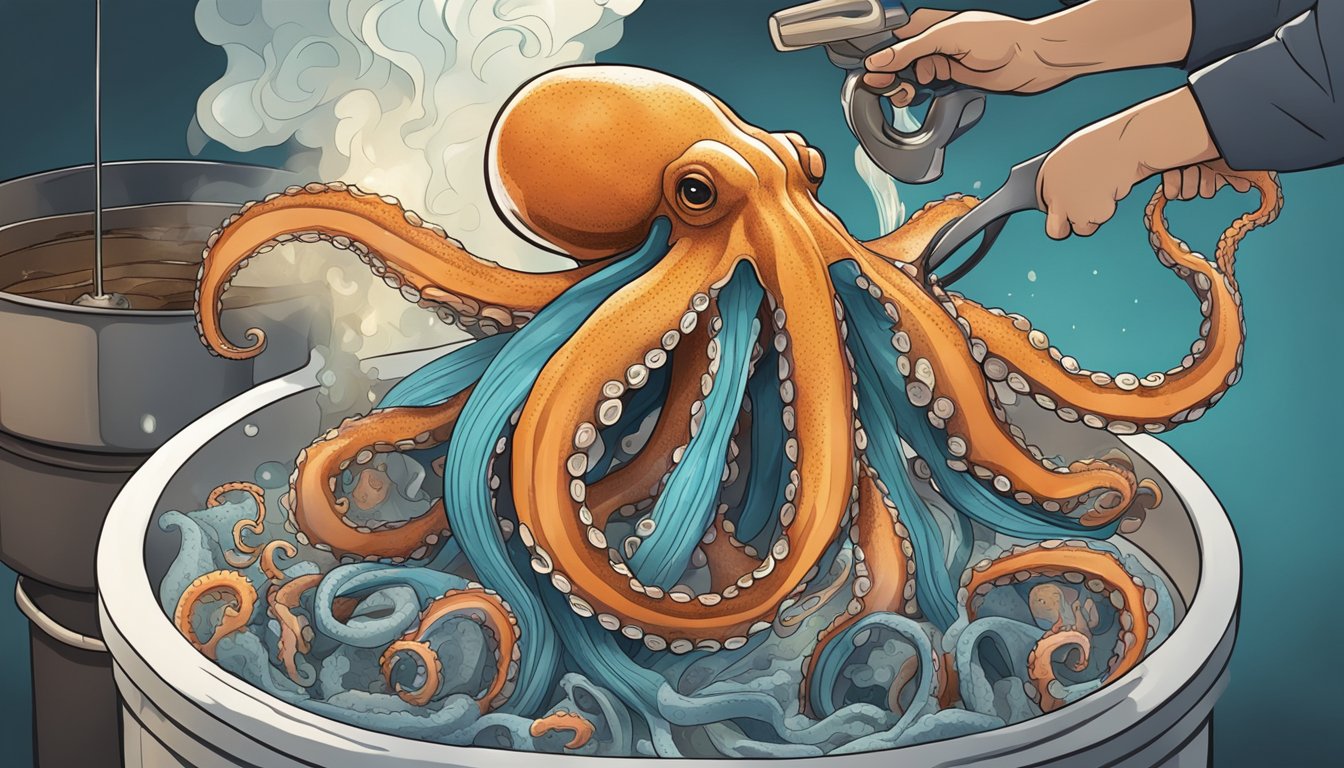 A pot of boiling water with a fresh octopus being lowered in