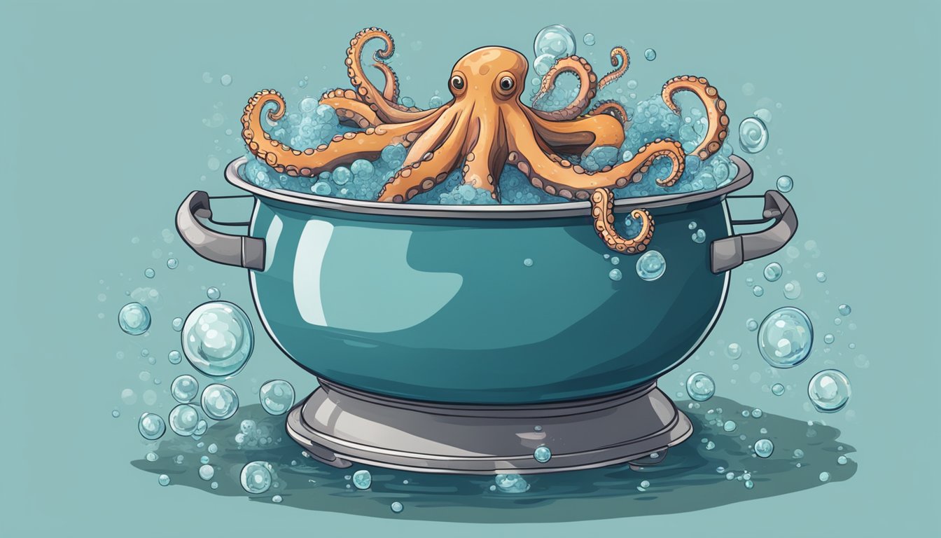 A pot of boiling water with a whole fresh octopus submerged inside, bubbles rising to the surface