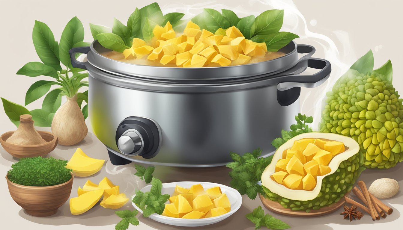 A pot of boiling water with fresh jackfruit chunks, emitting steam, surrounded by various herbs and spices