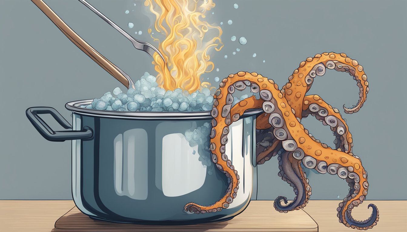 A pot of boiling water with a fresh octopus being lowered in by a pair of tongs