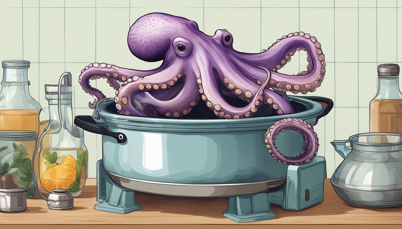 A pot of boiling water with a whole fresh octopus being carefully lowered into it