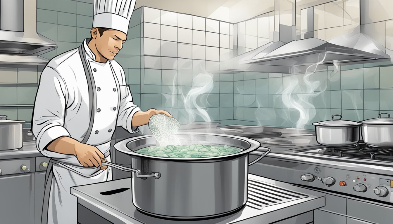 A chef carefully boils fresh grouper fillets in a pot of simmering water, using a timer to ensure they are cooked to perfection