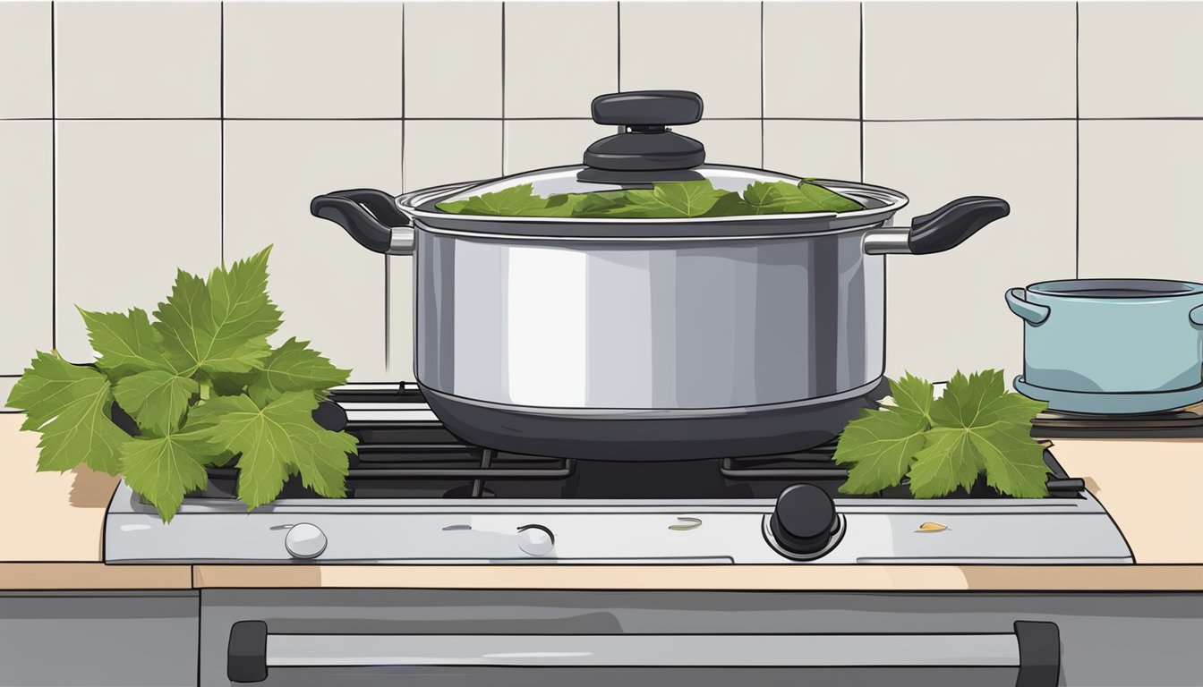 Fresh grape leaves being boiled in a pot of water on a stove, with a timer set nearby