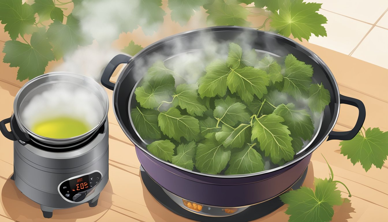 Fresh grape leaves floating in boiling water, steam rising, a timer set nearby. A pot of simmering dolma filling sits nearby