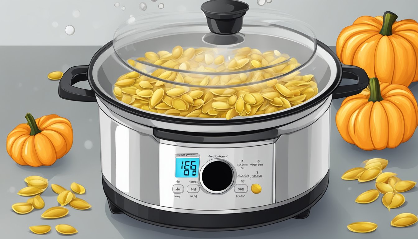 Fresh pumpkin seeds boiling in a pot of water on a stovetop, with a timer set for the recommended duration