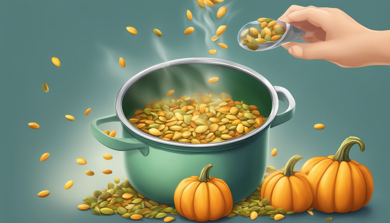 A pot of boiling water with fresh pumpkin seeds being dropped in for snacking