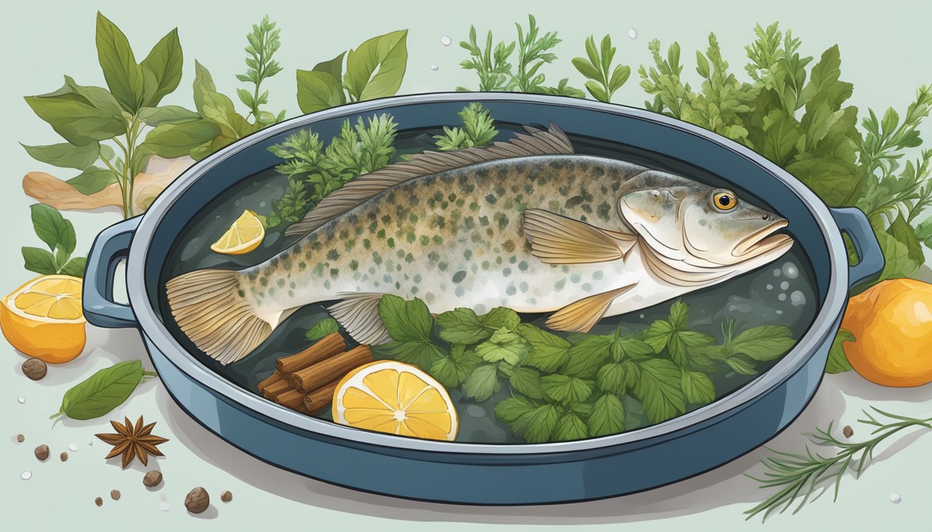 A pot of boiling water with a whole fresh grouper submerged inside, surrounded by various herbs and spices