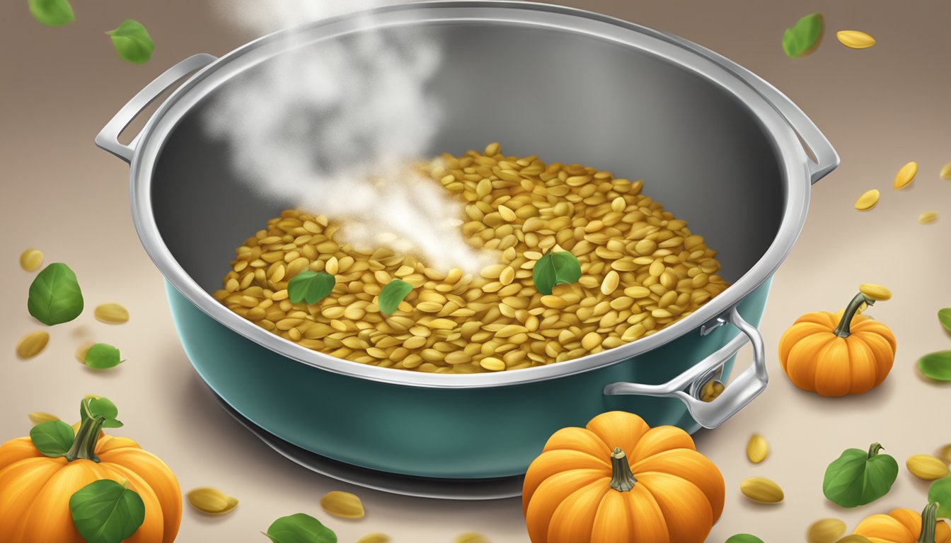 A pot of boiling water with fresh pumpkin seeds being dropped in