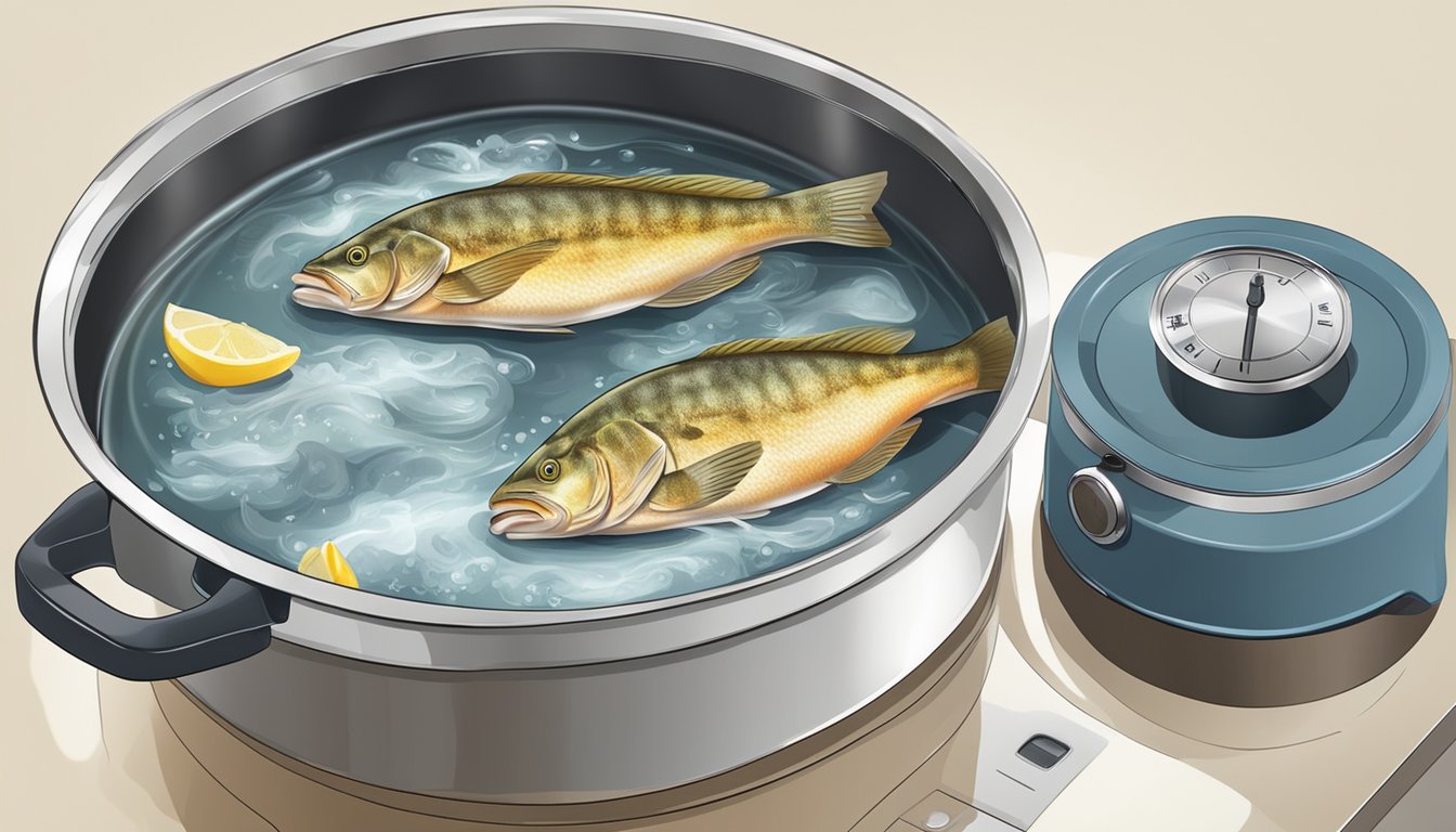 A pot of water boiling on a stovetop, with a whole fresh grouper fish nearby and a timer set for the recommended cooking time