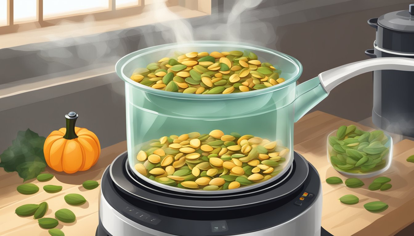 Fresh pumpkin seeds boiling in a pot of water on a stovetop, steam rising as they cook for snacking