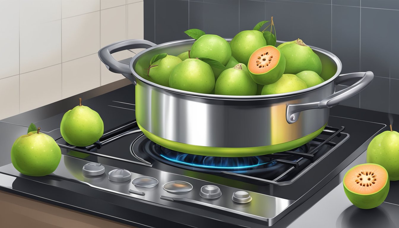 Fresh guavas boiling in a pot on a stove, steam rising, with a timer set for the perfect amount of time