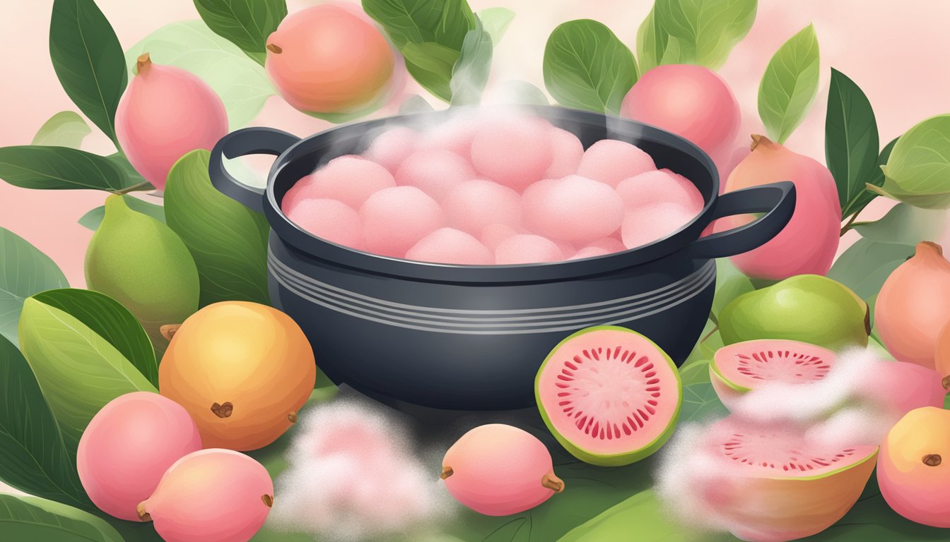 A pot of boiling guava with steam rising, surrounded by fresh guava fruits and pastry ingredients