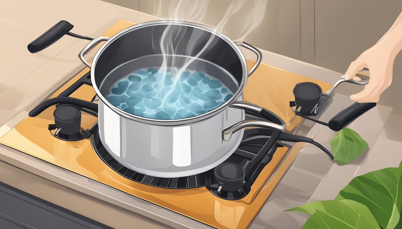 Fresh taro root boiling in a pot of water on a stove