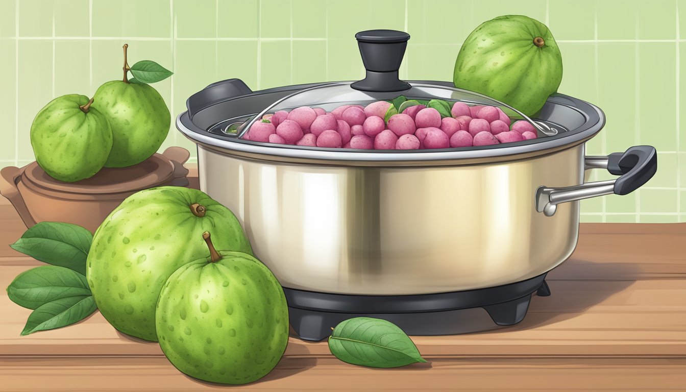 Fresh guavas boiling in a pot, releasing sweet aroma, with a timer set for perfect jam and pastry consistency