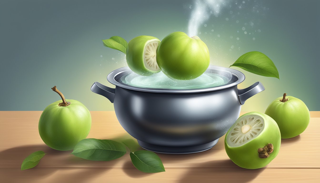 A pot of boiling water with fresh guavas inside, releasing a sweet aroma