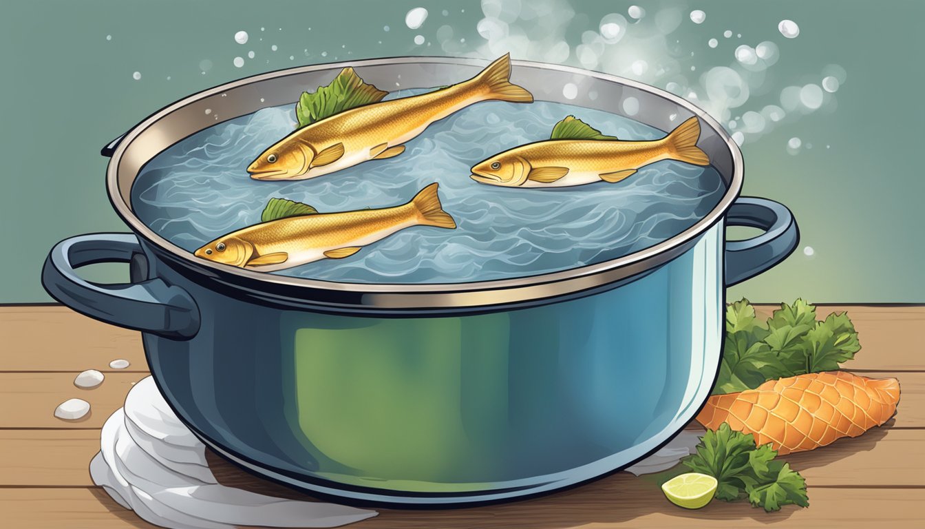 A pot of boiling water with fresh catfish being added