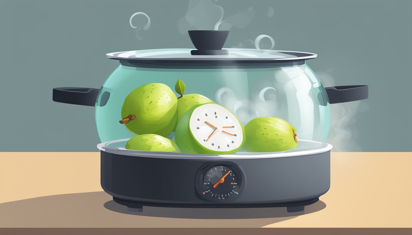 A pot of boiling water with fresh guavas floating inside, steam rising, and a timer set for the perfect duration