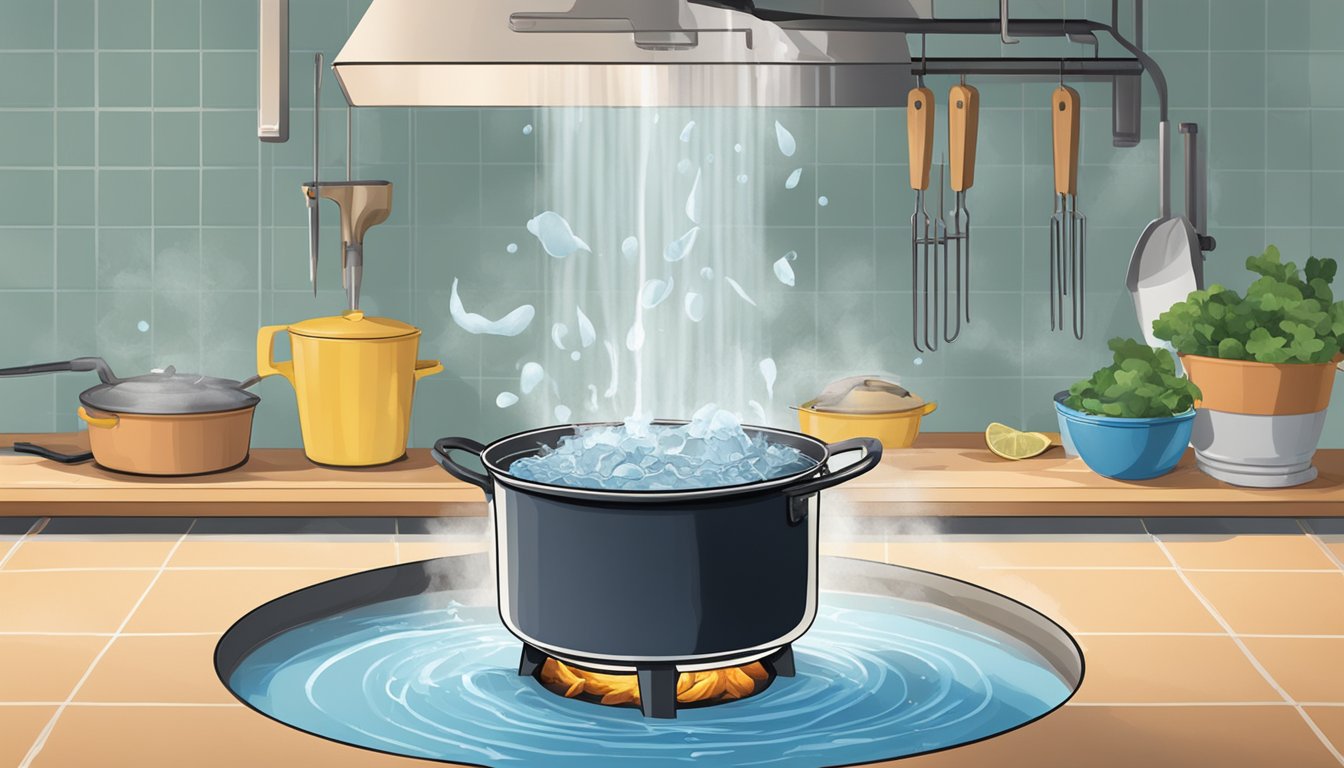 A pot of water boiling on a stove, with fresh catfish being lowered into the water