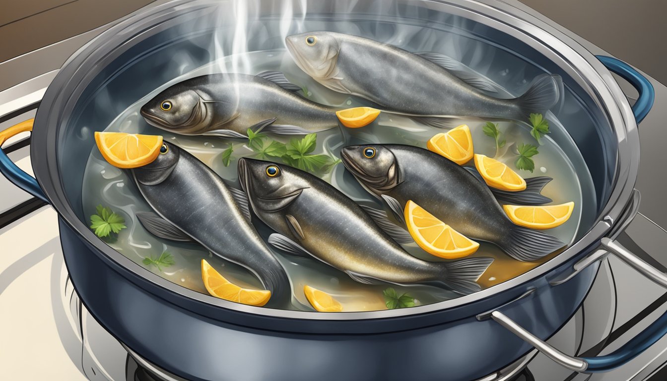 Fresh catfish boiling in a pot of water on a stovetop