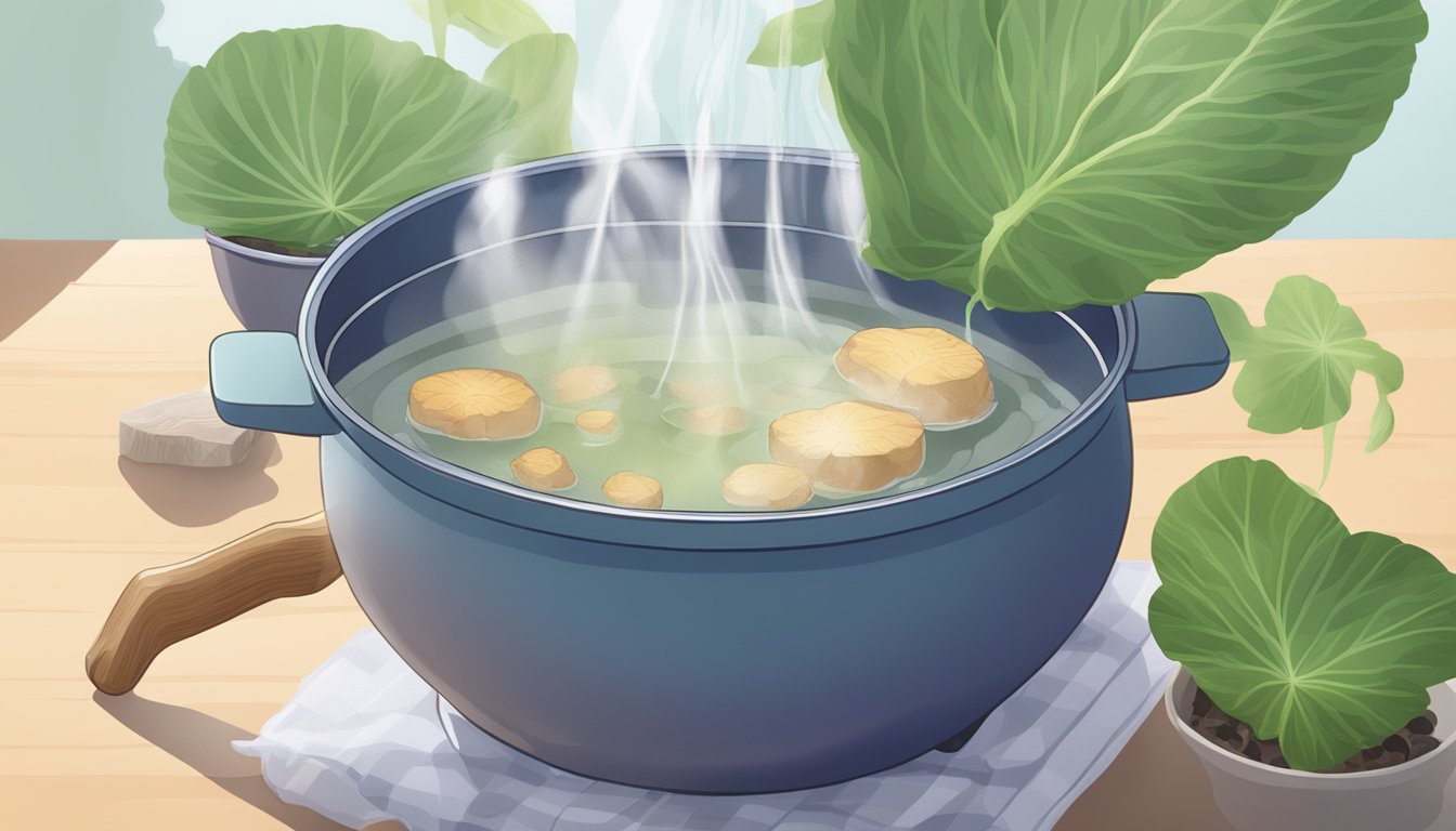 A pot of boiling water with fresh taro root being submerged