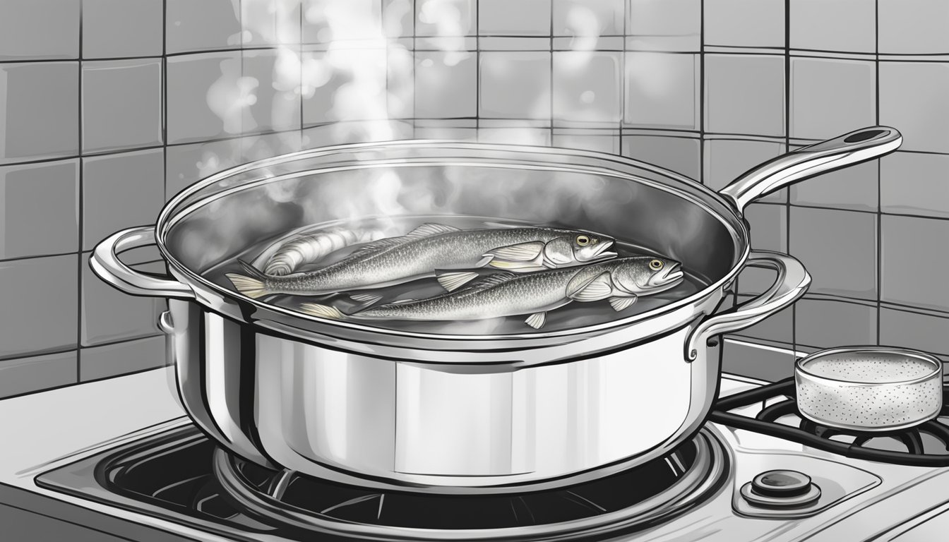 A pot of water boiling on a stove with fresh catfish ready to be added