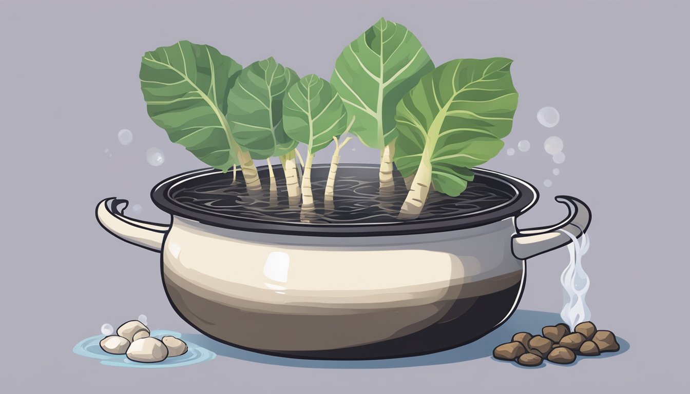 A pot of boiling water with fresh taro roots being submerged