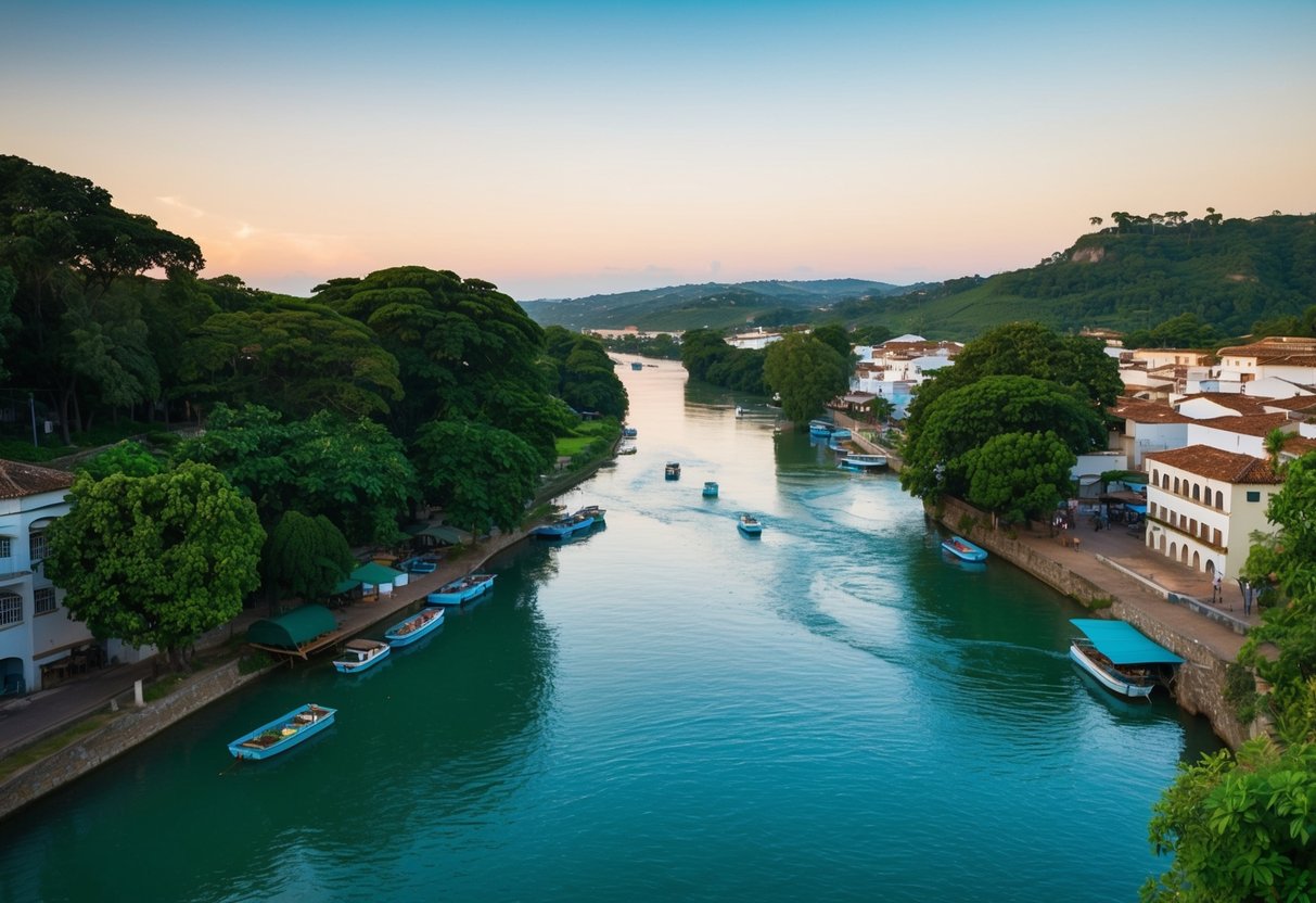 Um rio sereno fluindo pela cidade de Sobral, com vegetação exuberante e pequenos barcos pontilhando a água