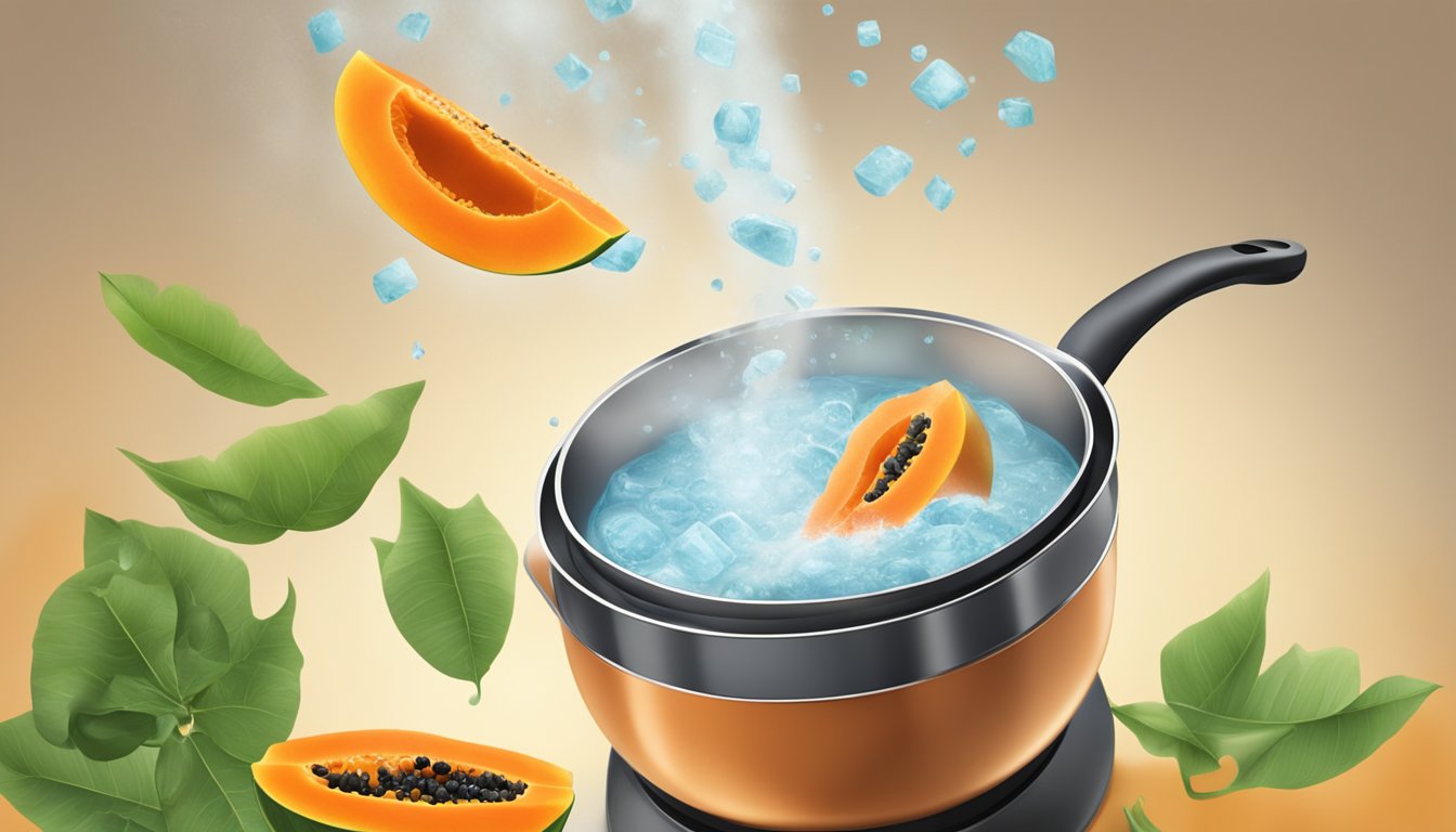 A pot of boiling water with fresh papaya slices being dropped in