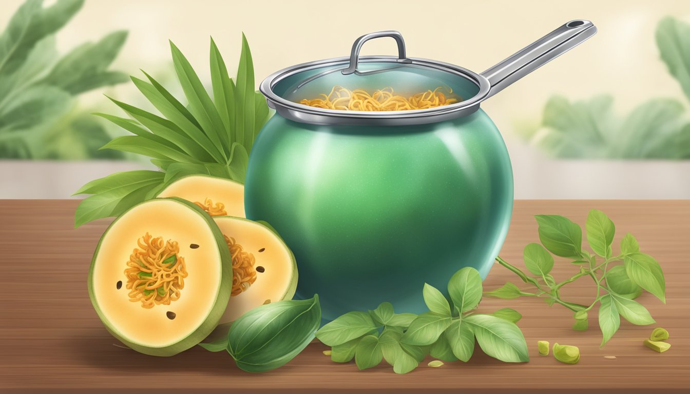 A pot of boiling water with a green papaya floating inside