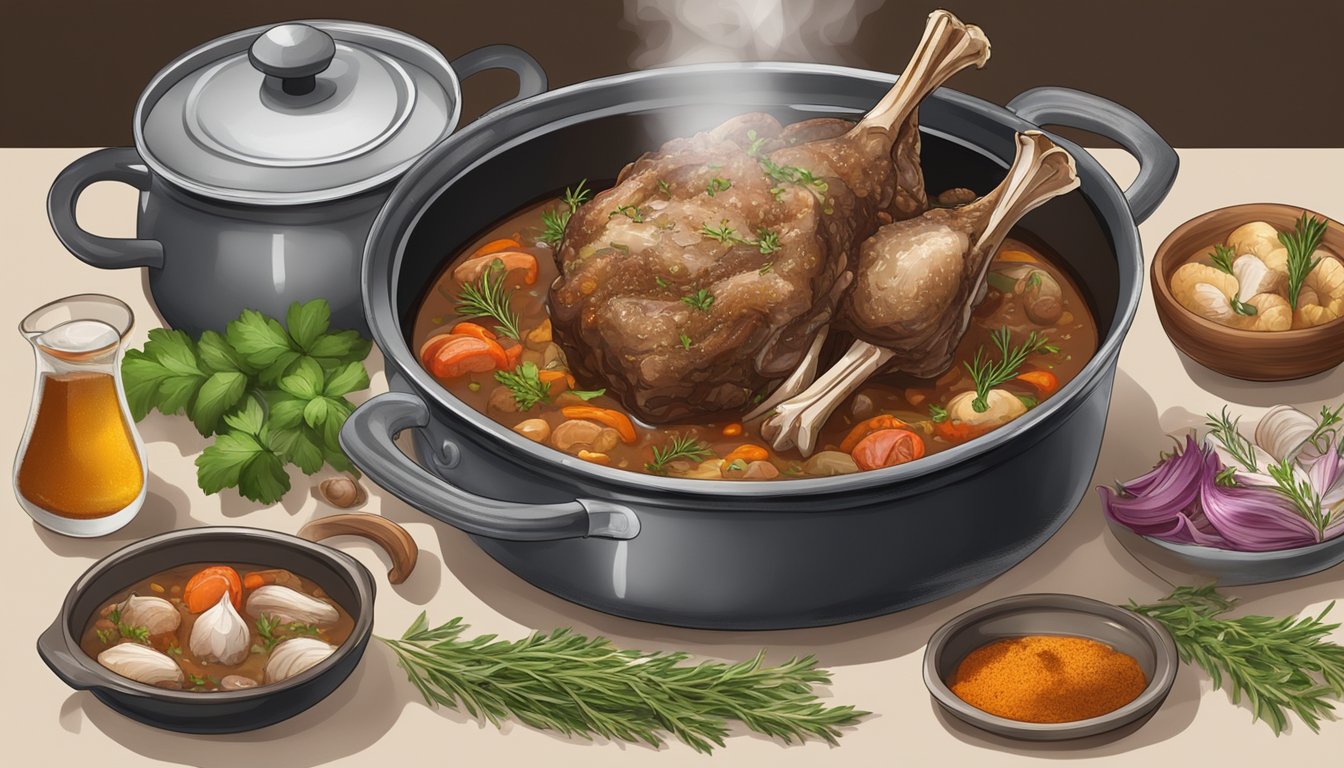 Fresh lamb shanks simmering in a pot of boiling water, surrounded by aromatic herbs and spices