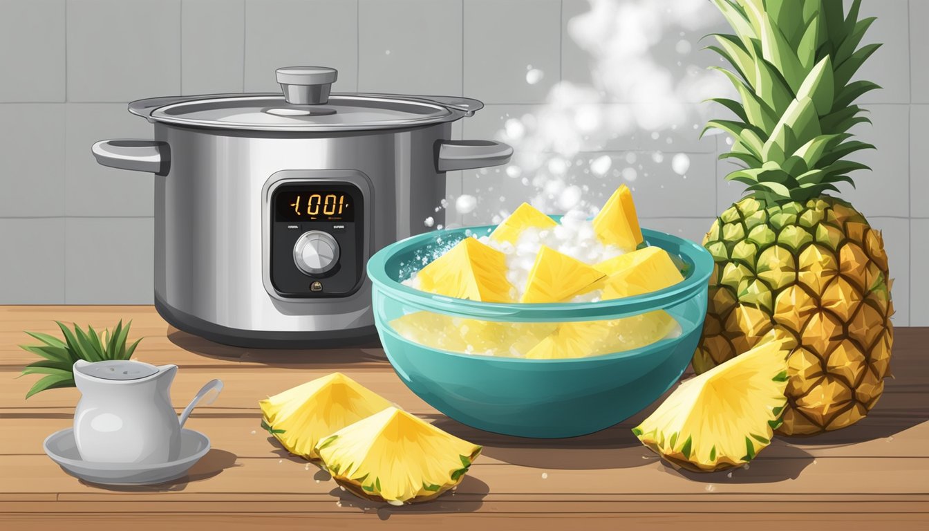 A pot of boiling water with fresh pineapple chunks floating inside, steam rising, and a timer set for the recommended boiling time